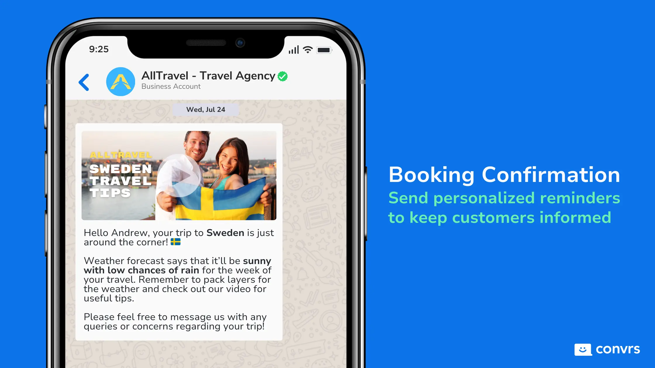 WhatsApp Marketing message from Travel Agency with booking confirmation message